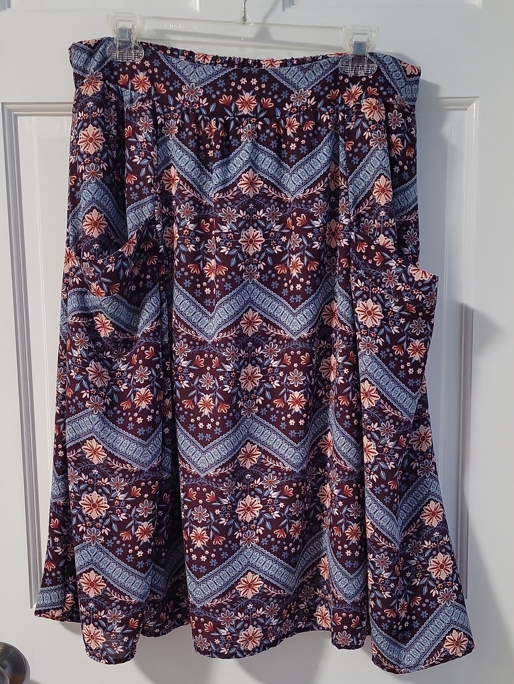 Women's Floral Chevron Lacey Print Midi Skirt - Merlot, Blue & Peach
